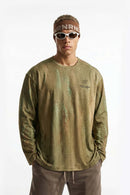 Relaxed Mottled-Print Long-Sleeve Top in Sand Stone - front modeled close-up