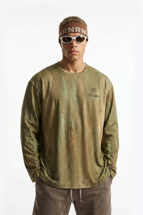 Relaxed Mottled-Print Long-Sleeve Top in Sand Stone - front modeled close-up