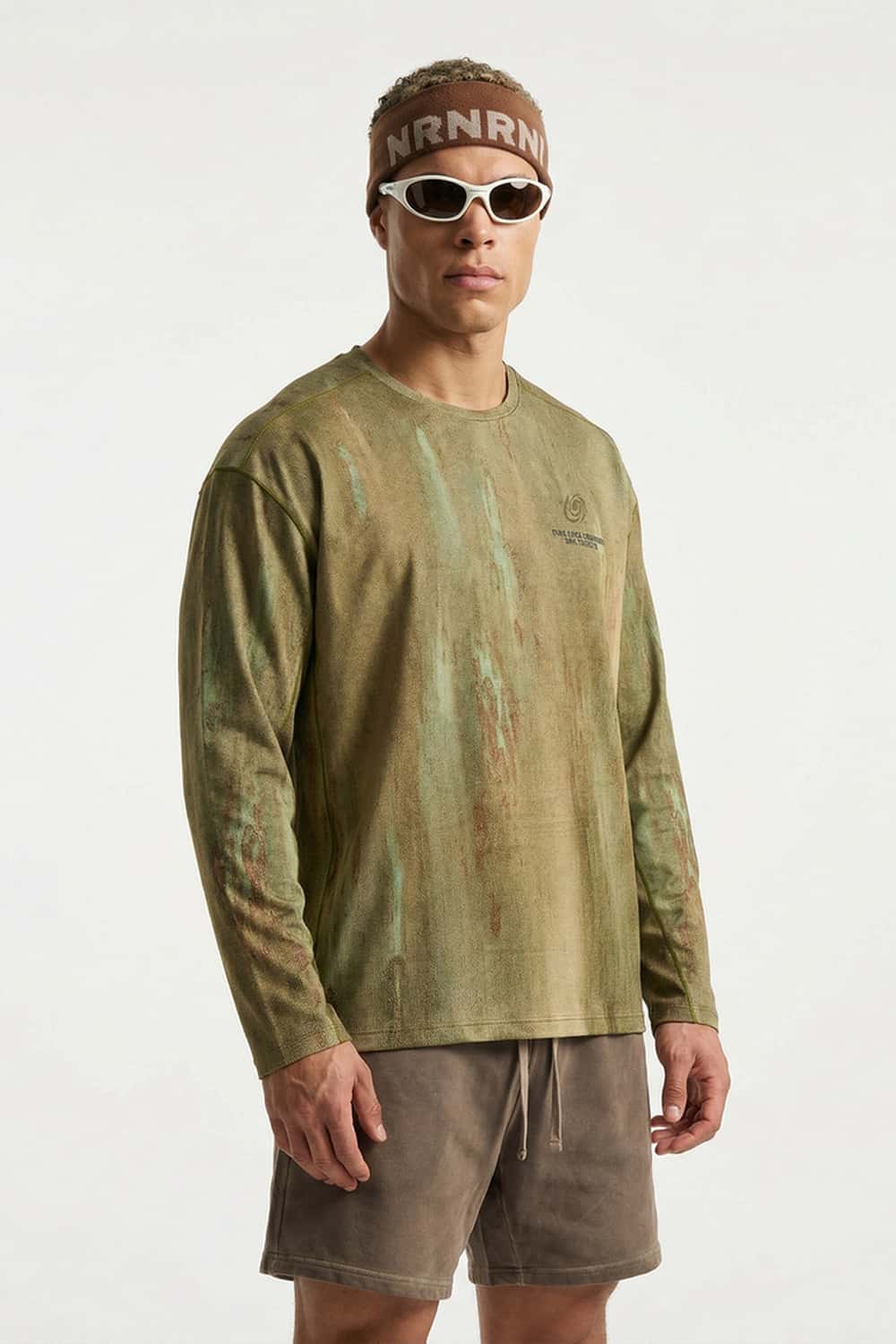 Relaxed Mottled-Print Long-Sleeve Top in Sand Stone - full-length front modeled view
