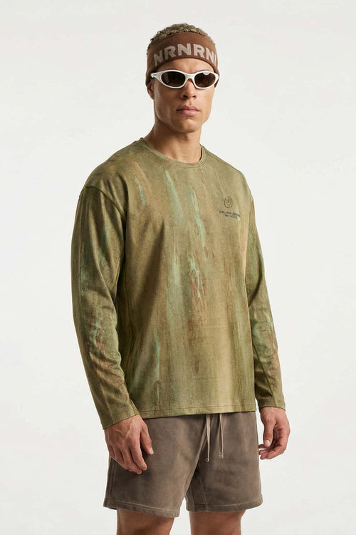 Relaxed Mottled-Print Long-Sleeve Top in Sand Stone - full-length front modeled view