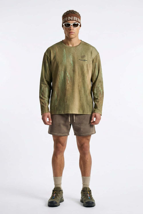 Relaxed Mottled-Print Long-Sleeve Top in Sand Stone - full-length front modeled view