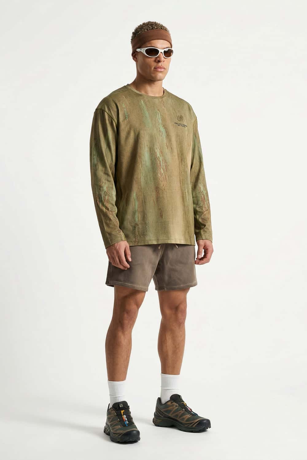 Relaxed Mottled-Print Long-Sleeve Top in Sand Stone - full-length front modeled view