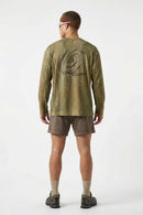 Relaxed Mottled-Print Long-Sleeve Top in Sand Stone - full-length back modeled view