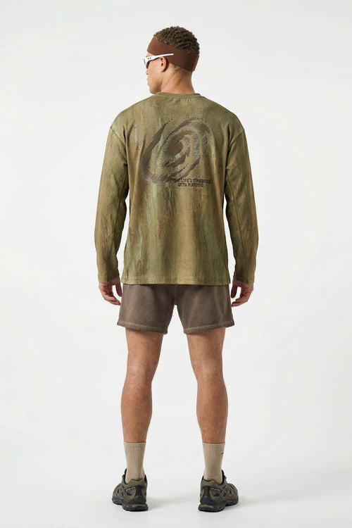 Relaxed Mottled-Print Long-Sleeve Top in Sand Stone - full-length back modeled view
