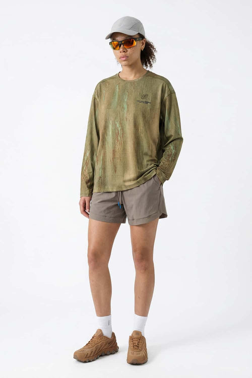 Relaxed Mottled-Print Long-Sleeve Top in Sand Stone - full-length front modeled view