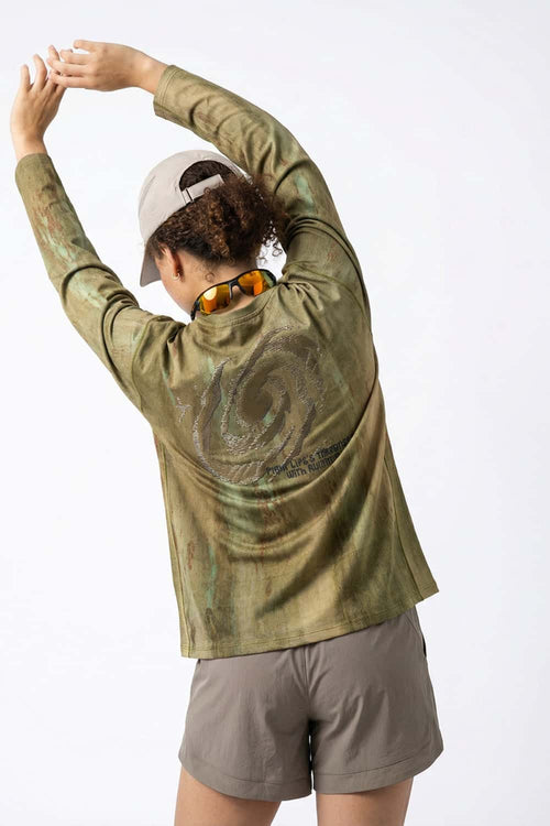 Relaxed Mottled-Print Long-Sleeve Top in Sand Stone - rear three-quarter modeled view