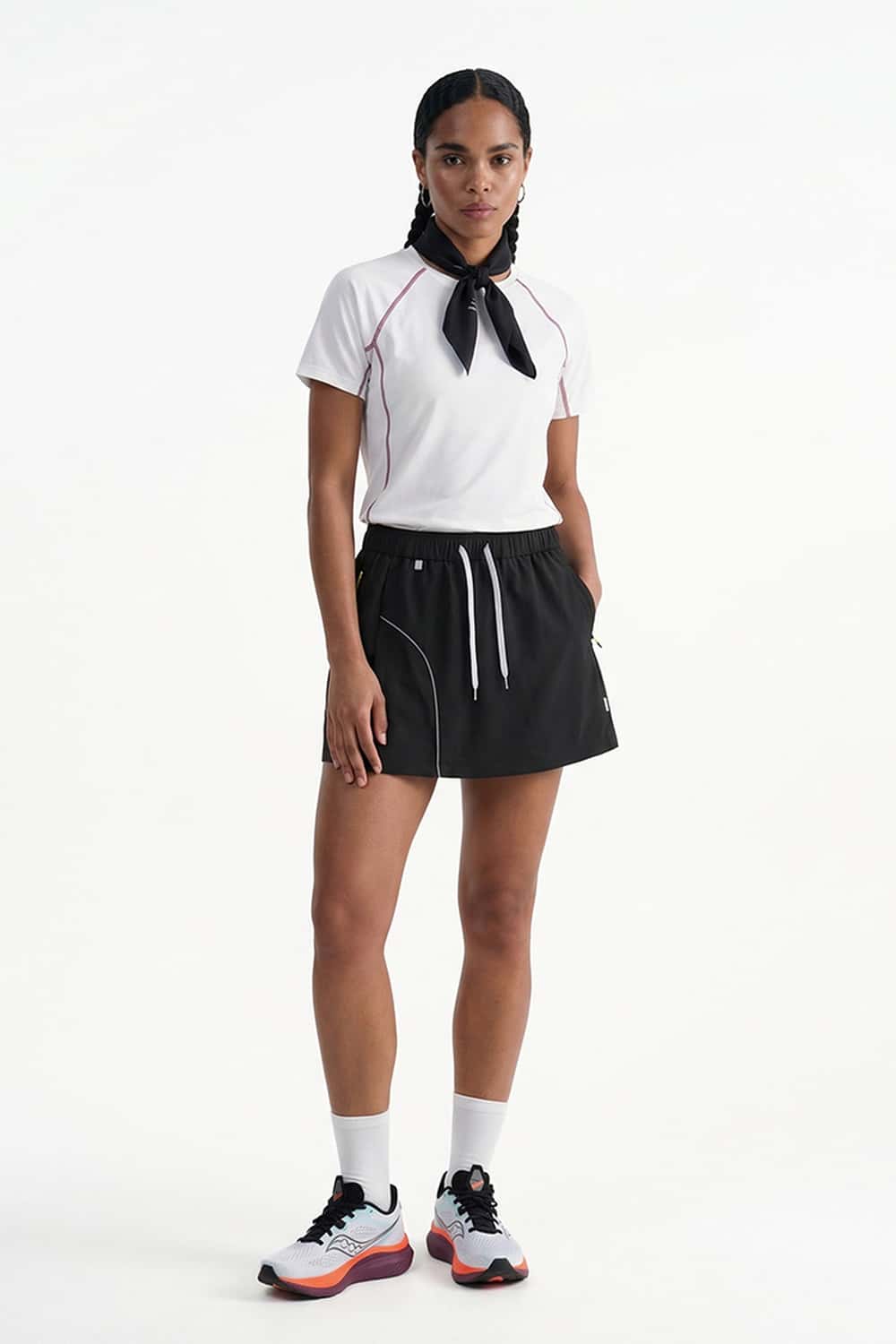 Quick-Dry Layered A-Line Skort in Black - full-length front modeled view