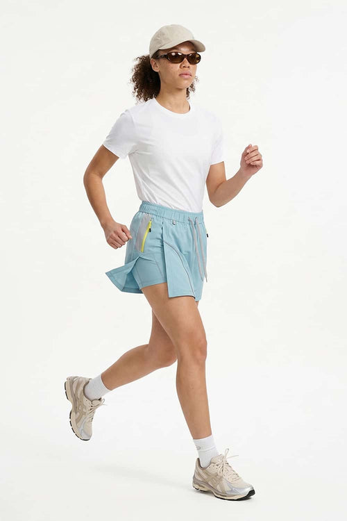 Quick-Dry Layered A-Line Skort in Calm Blue - full-length front modeled view