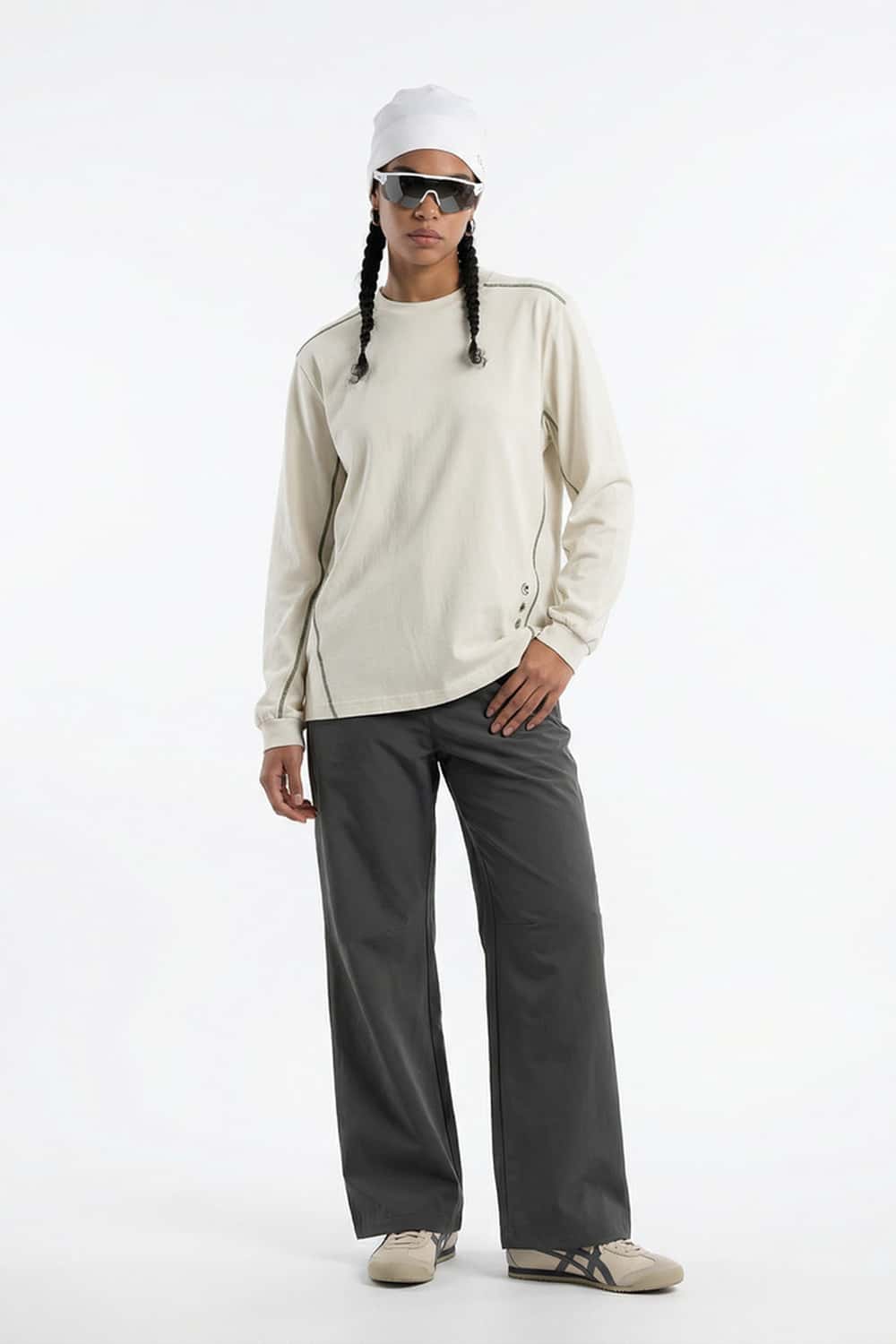 Exposed-Stitch Cotton Long-Sleeve Top in Apricot - full-length front modeled view
