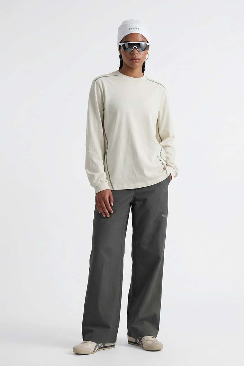 Exposed-Stitch Cotton Long-Sleeve Top in Apricot - full-length front modeled view