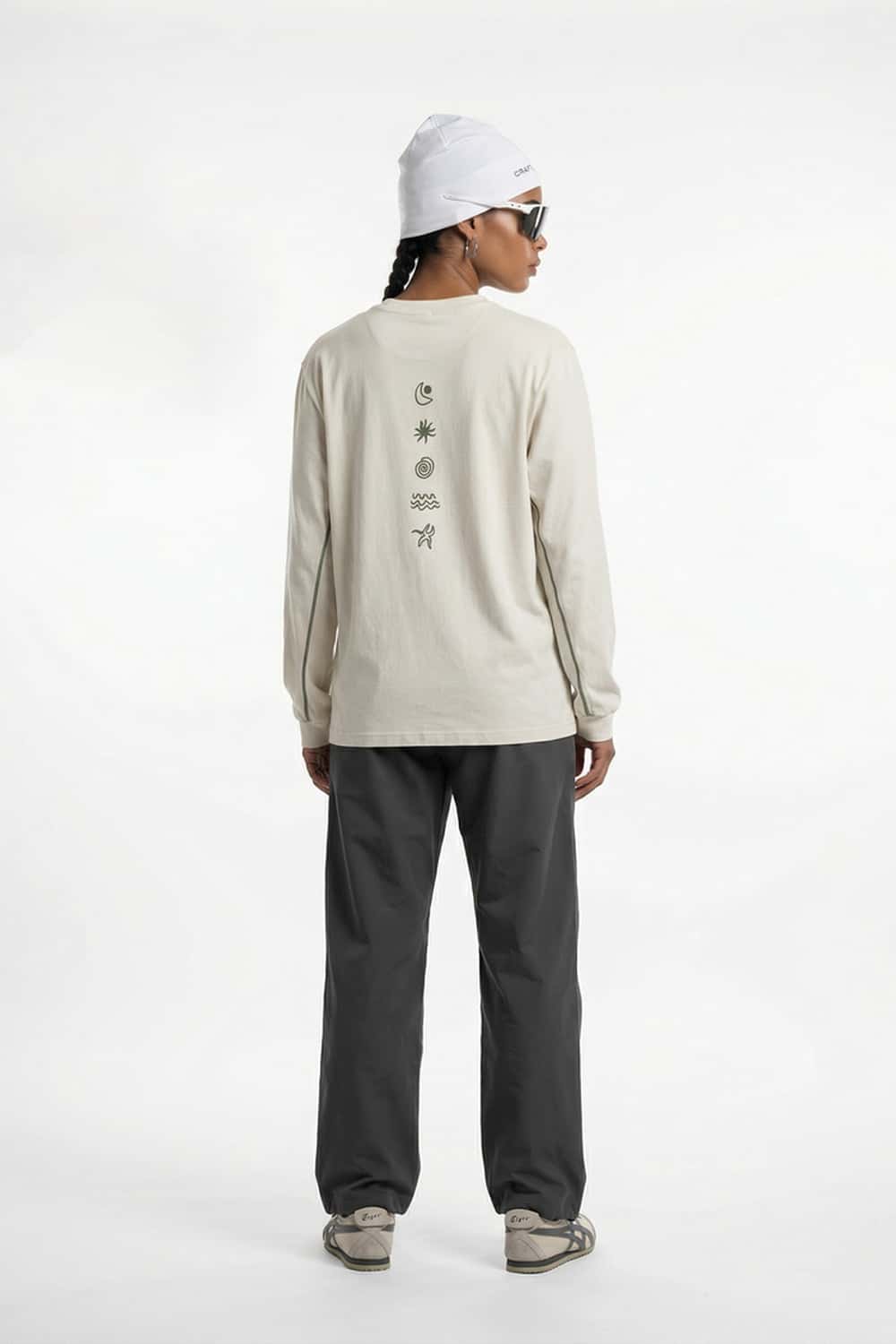 Exposed-Stitch Cotton Long-Sleeve Top in Apricot - full-length back modeled view