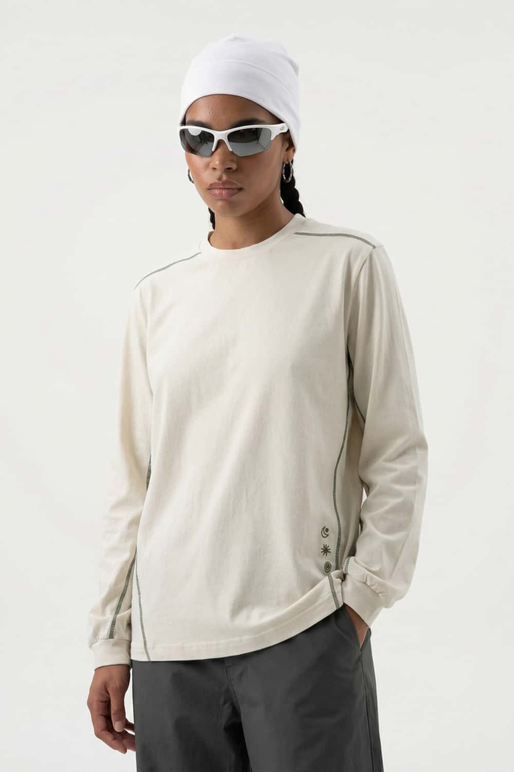 Exposed-Stitch Cotton Long-Sleeve Top in Apricot - front modeled view