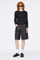 Women's High-Stretch Loop-Trim Fitted Top in Black - full-length front modeled view