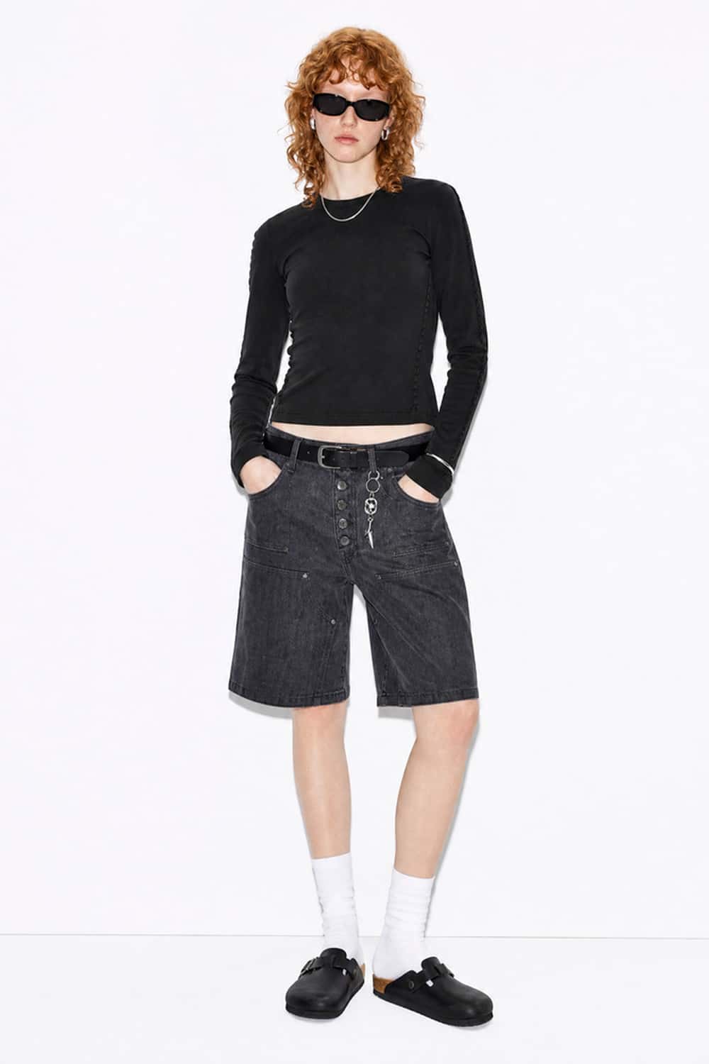 Women's High-Stretch Loop-Trim Fitted Top in Black - full-length front modeled view