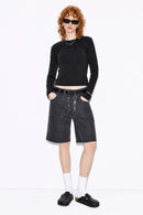 Women's High-Stretch Loop-Trim Fitted Top in Black - full-length front modeled view