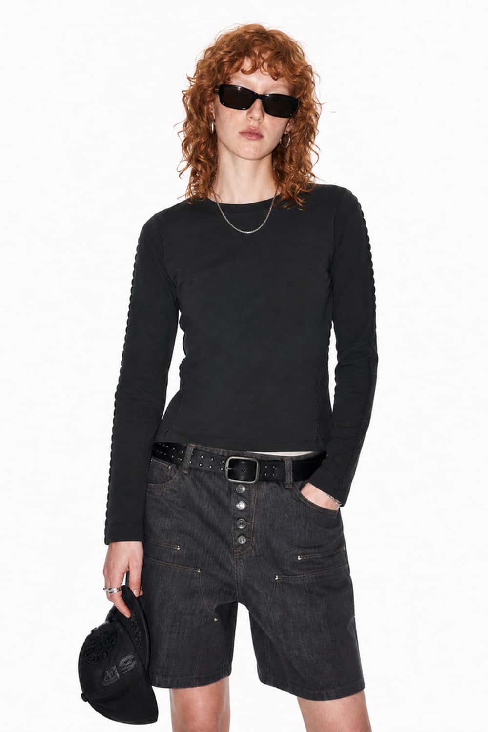 Women's High-Stretch Loop-Trim Fitted Top in Black - front modeled view