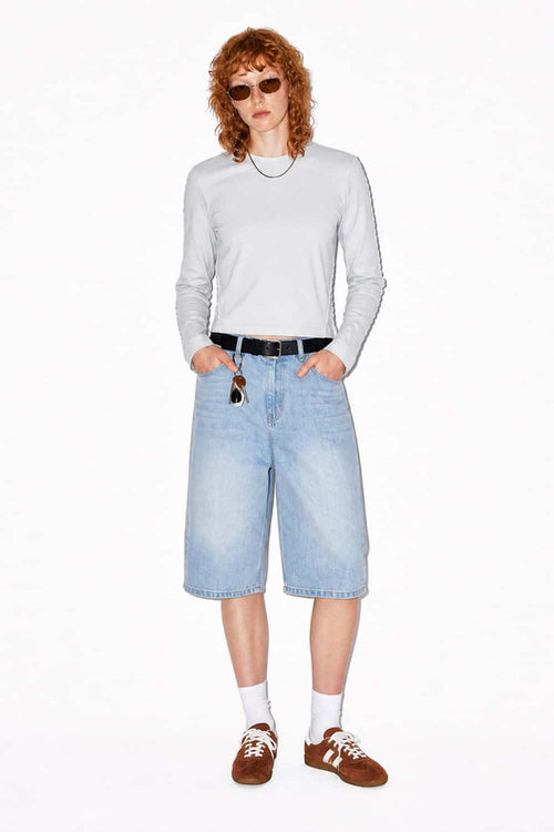 Women's High-Stretch Loop-Trim Fitted Top in Grayish White - full-length front modeled view