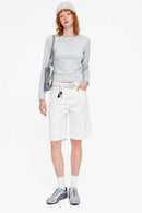 Women's High-Stretch Loop-Trim Fitted Top in Grayish White - full-length front modeled view