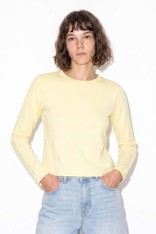 Women's High-Stretch Loop-Trim Fitted Top in Lemon Yellow - front modeled view