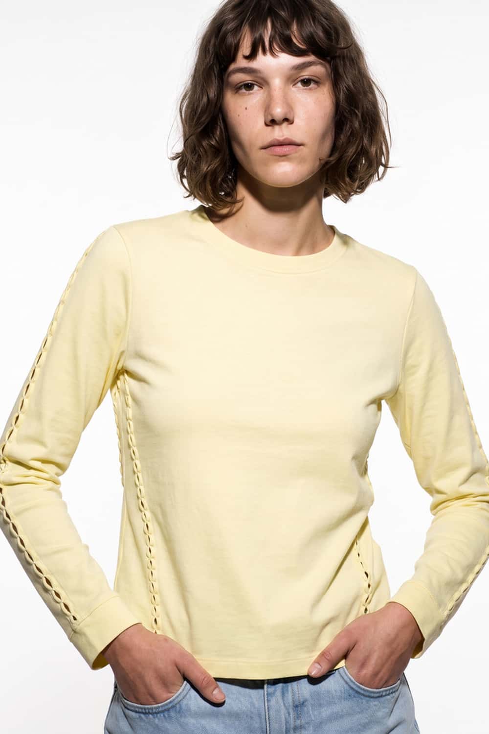 Women's High-Stretch Loop-Trim Fitted Top in Lemon Yellow - three-quarter front modeled view