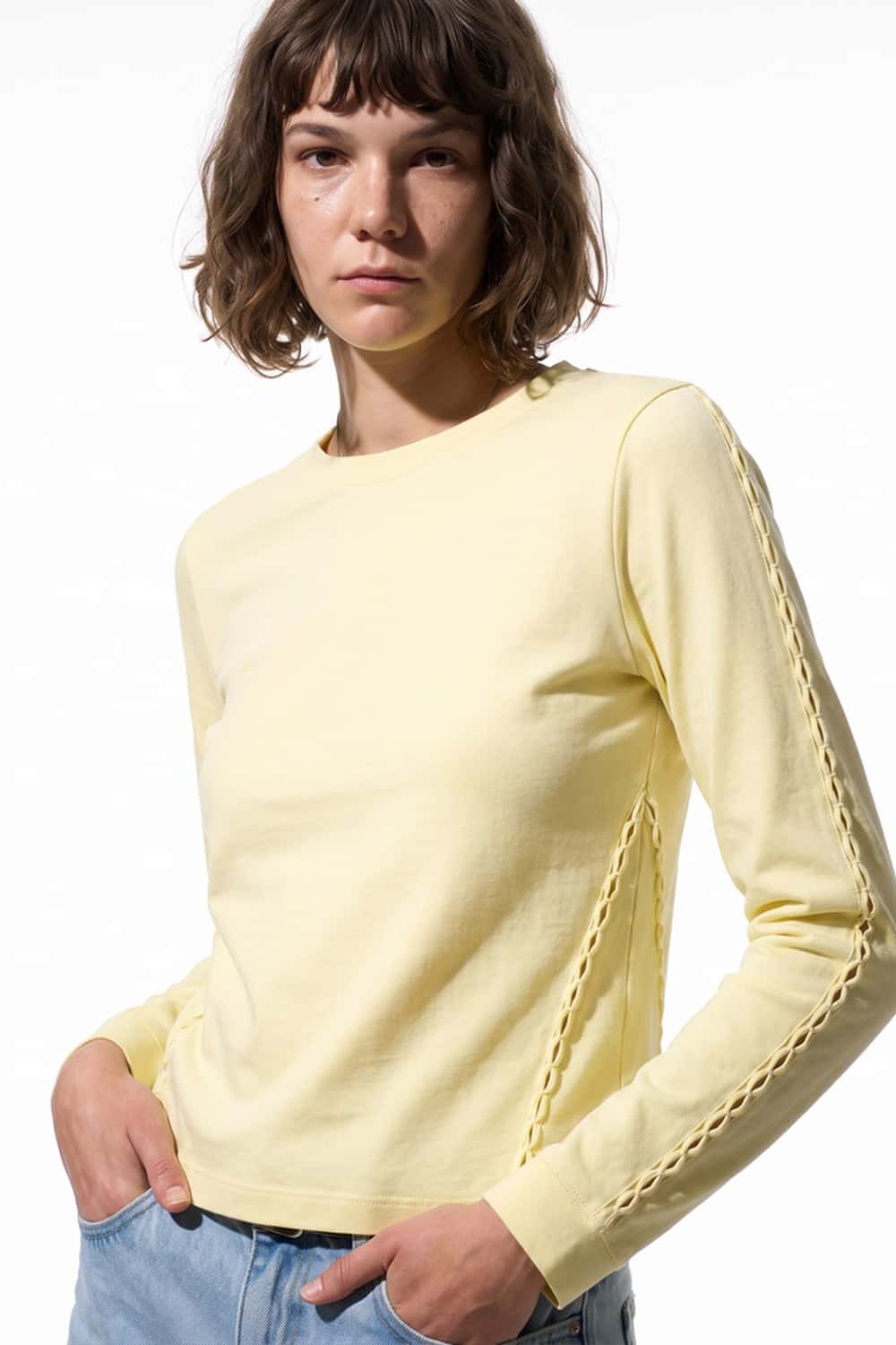 Women's High-Stretch Loop-Trim Fitted Top in Lemon Yellow - three-quarter front modeled view