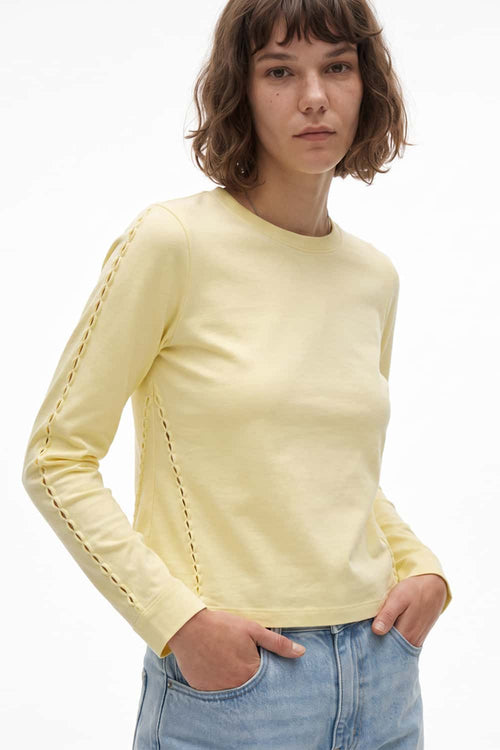 Women's High-Stretch Loop-Trim Fitted Top in Lemon Yellow - three-quarter front modeled view
