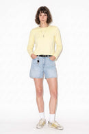 Women's High-Stretch Loop-Trim Fitted Top in Lemon Yellow - full-length front modeled view