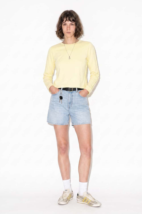 Women's High-Stretch Loop-Trim Fitted Top in Lemon Yellow - full-length front modeled view