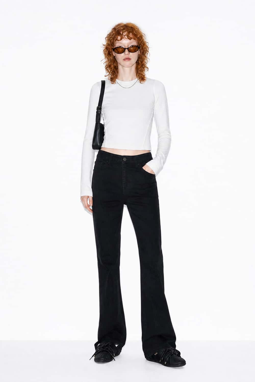 Women's High-Stretch Loop-Trim Fitted Top in White - full-length front modeled view