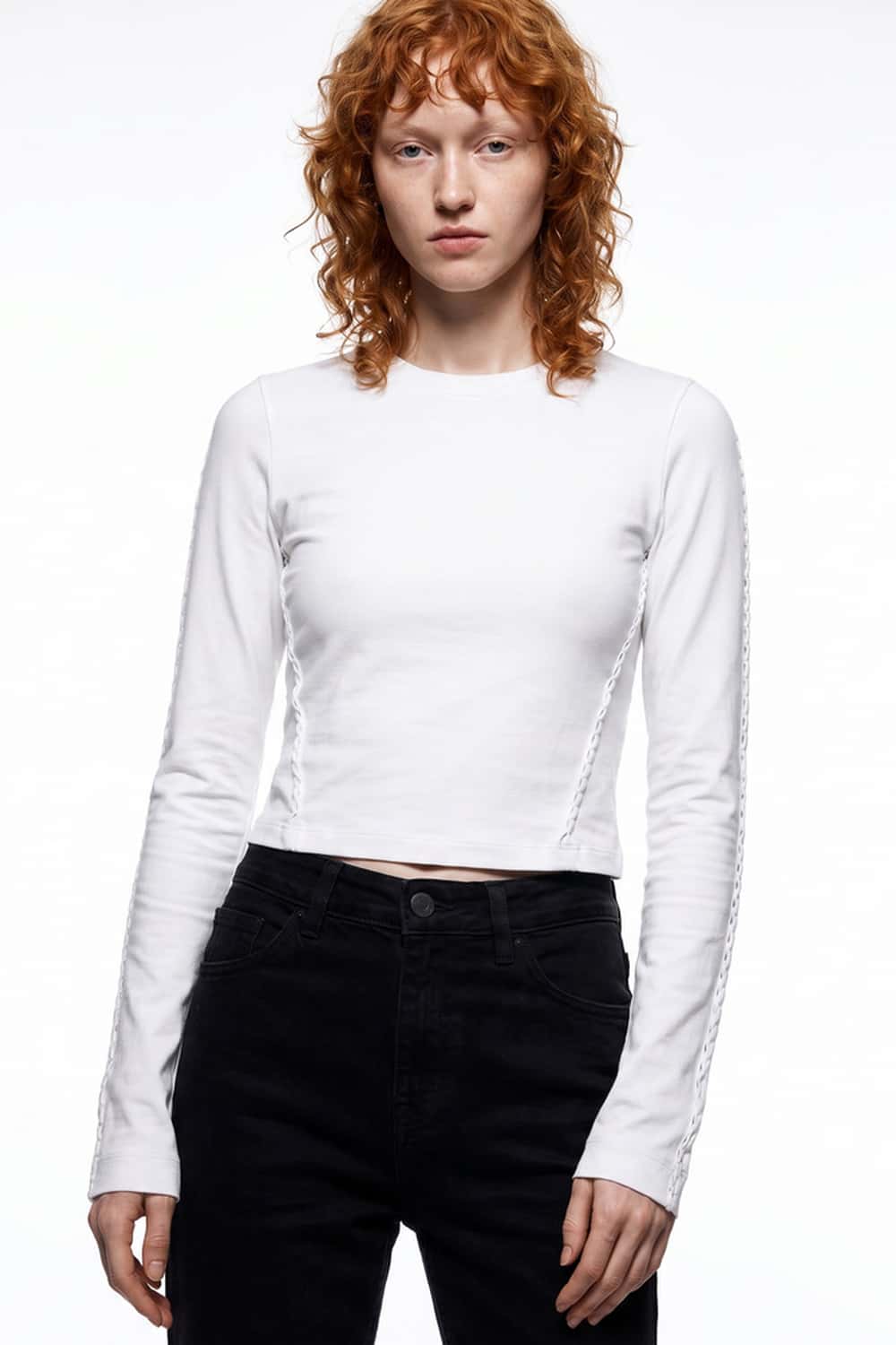 Women's High-Stretch Loop-Trim Fitted Top in White - front modeled view