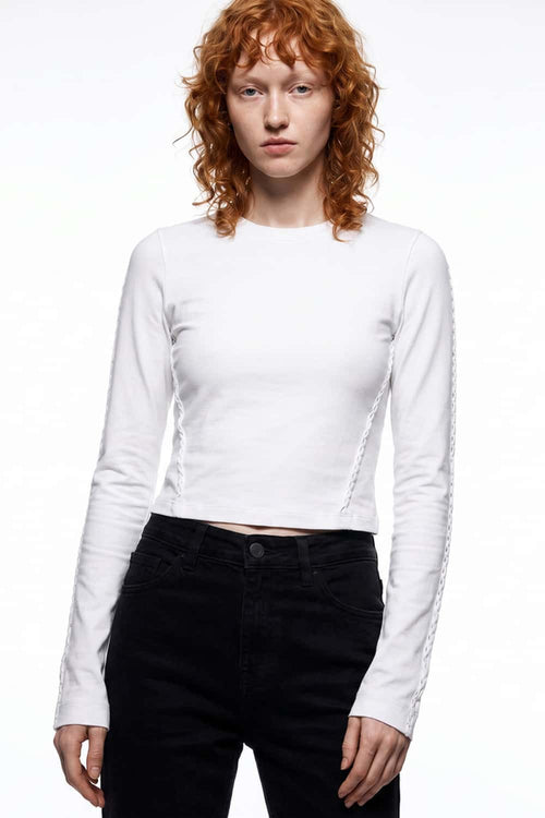 Women's High-Stretch Loop-Trim Fitted Top in White - front modeled view