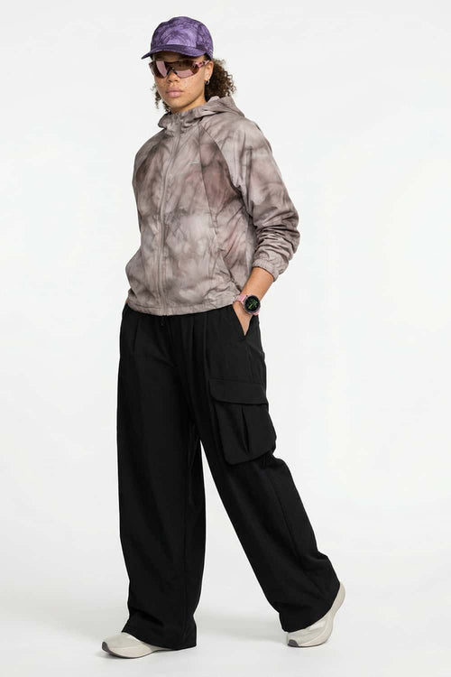 Adjustable-Hem Wide-Leg Cargo Pants in Black - full-length front modeled view
