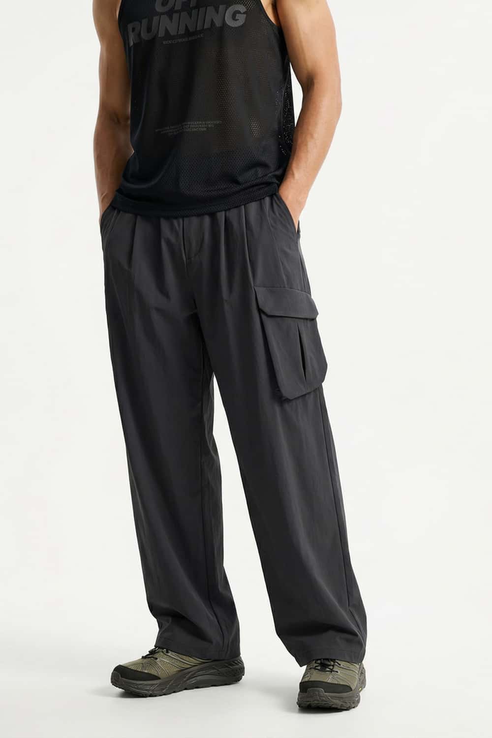 Adjustable-Hem Wide-Leg Cargo Pants in Gray - front modeled view