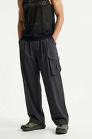 Adjustable-Hem Wide-Leg Cargo Pants in Gray - front modeled view