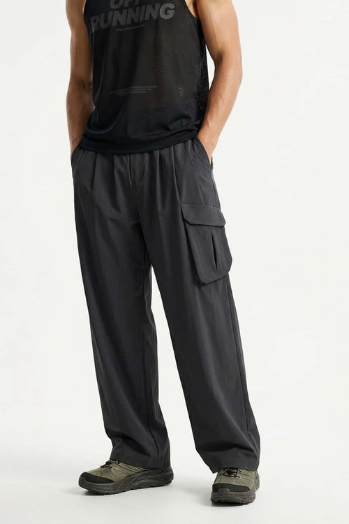 Adjustable-Hem Wide-Leg Cargo Pants in Gray - front modeled view