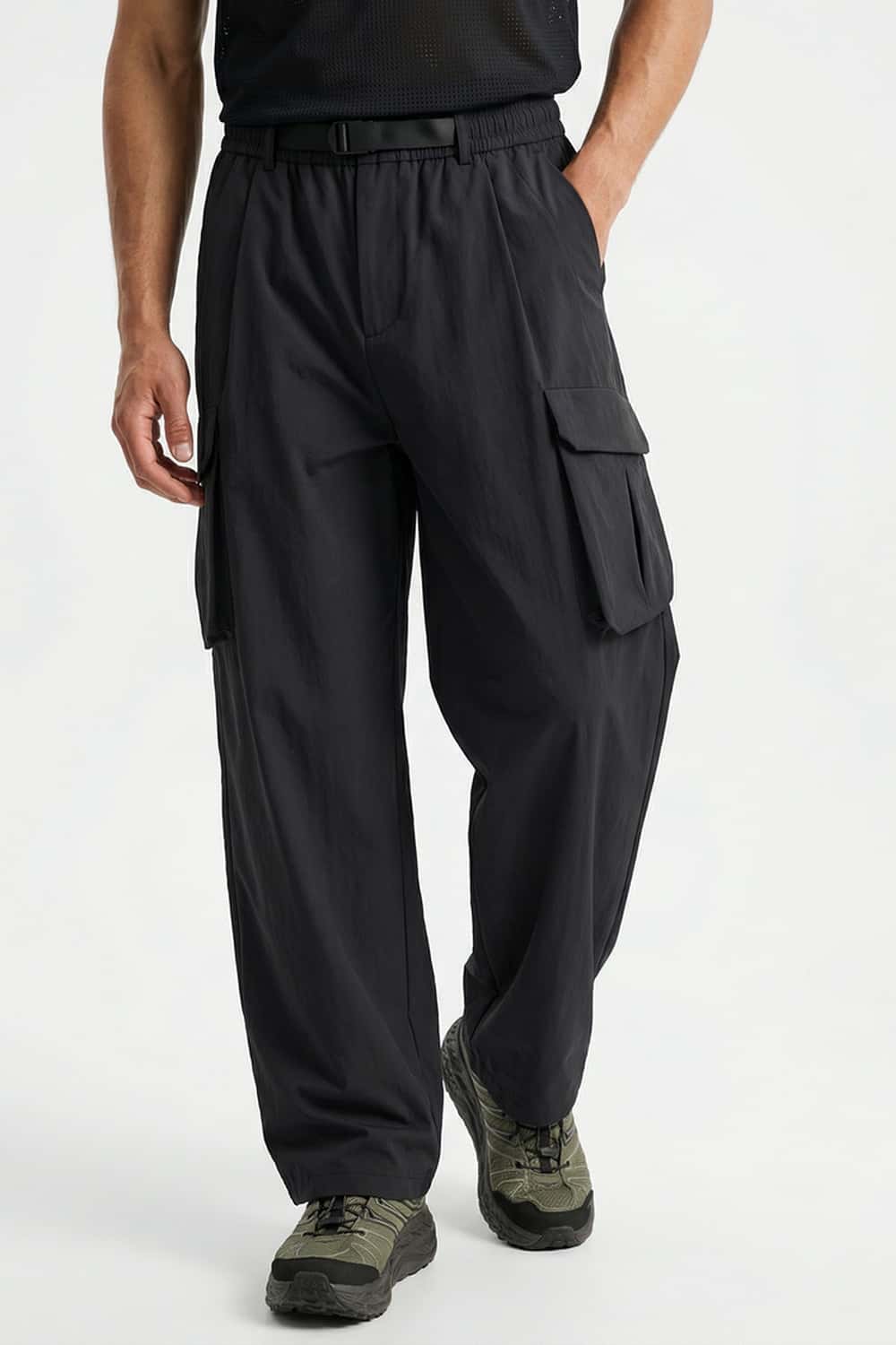 Adjustable-Hem Wide-Leg Cargo Pants in Gray - front modeled view
