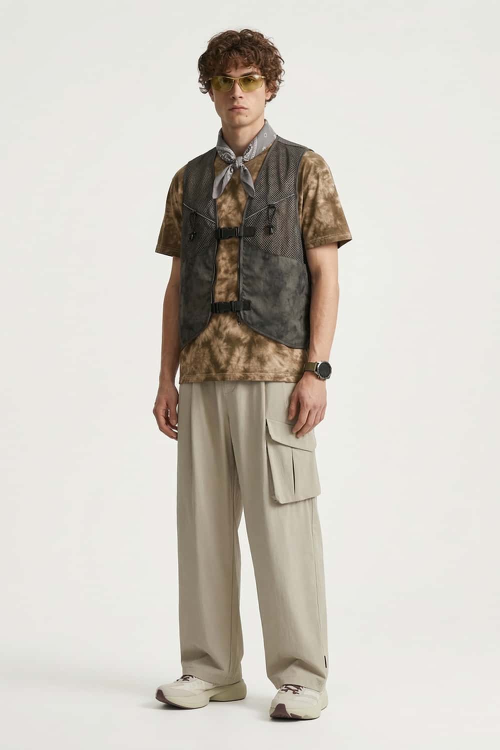 Adjustable-Hem Wide-Leg Cargo Pants in Khaki - full-length front modeled view