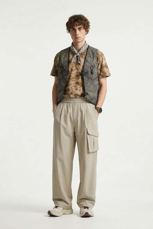 Adjustable-Hem Wide-Leg Cargo Pants in Khaki - full-length front modeled view