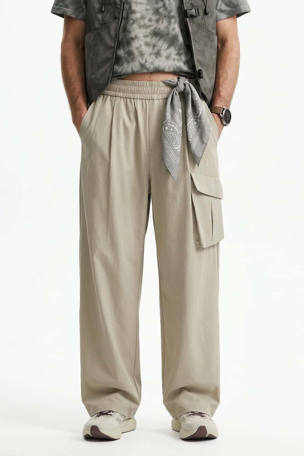 Adjustable-Hem Wide-Leg Cargo Pants in Khaki - front modeled view