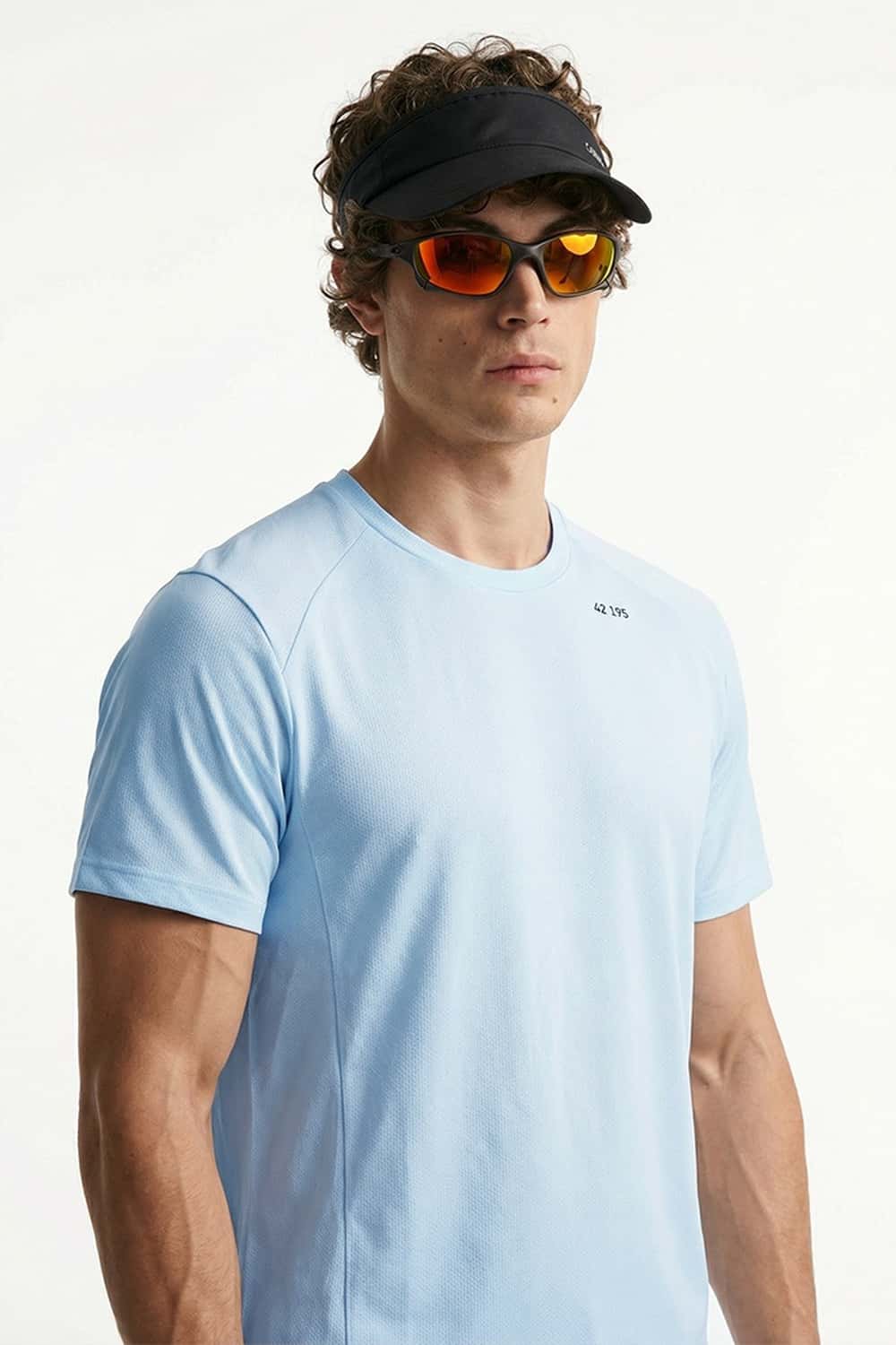 Sun-Protective Noble Run Club T-Shirt in Baby Blue - full-length front modeled view