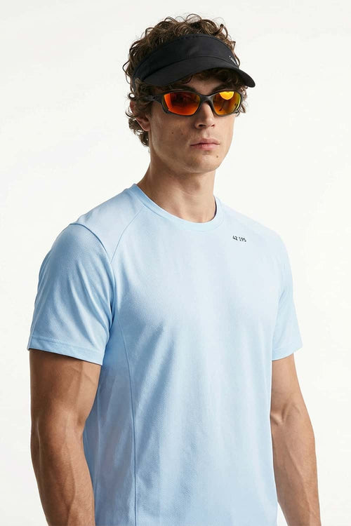 Sun-Protective Noble Run Club T-Shirt in Baby Blue - full-length front modeled view
