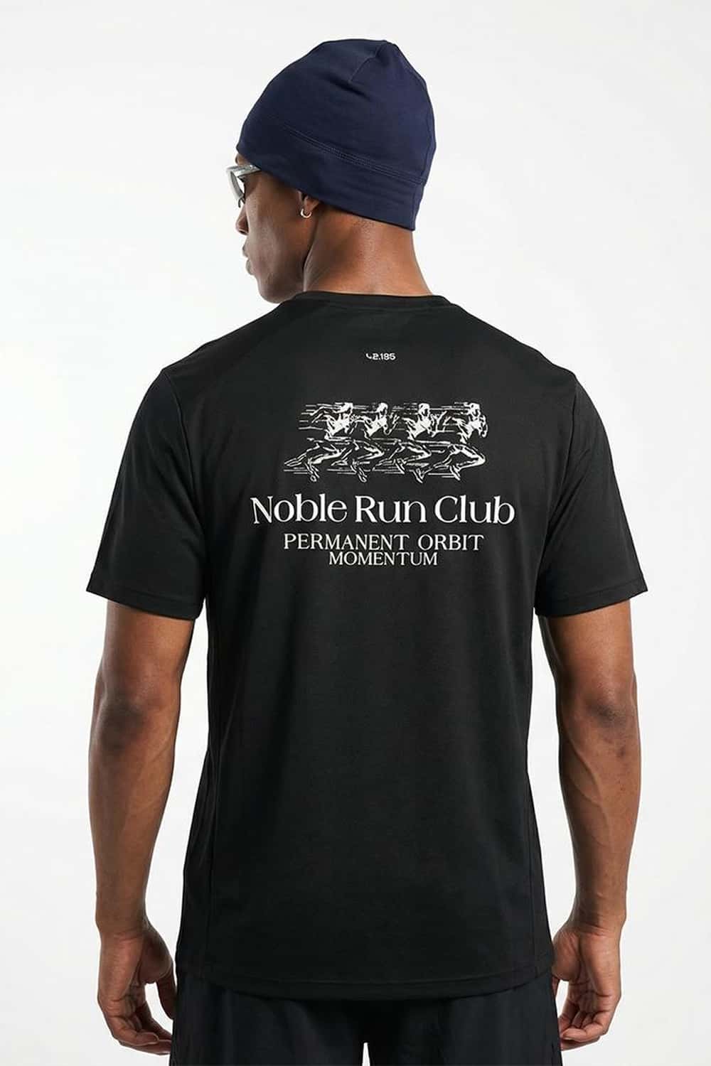 Sun-Protective Noble Run Club T-Shirt in Black - full-length back modeled view