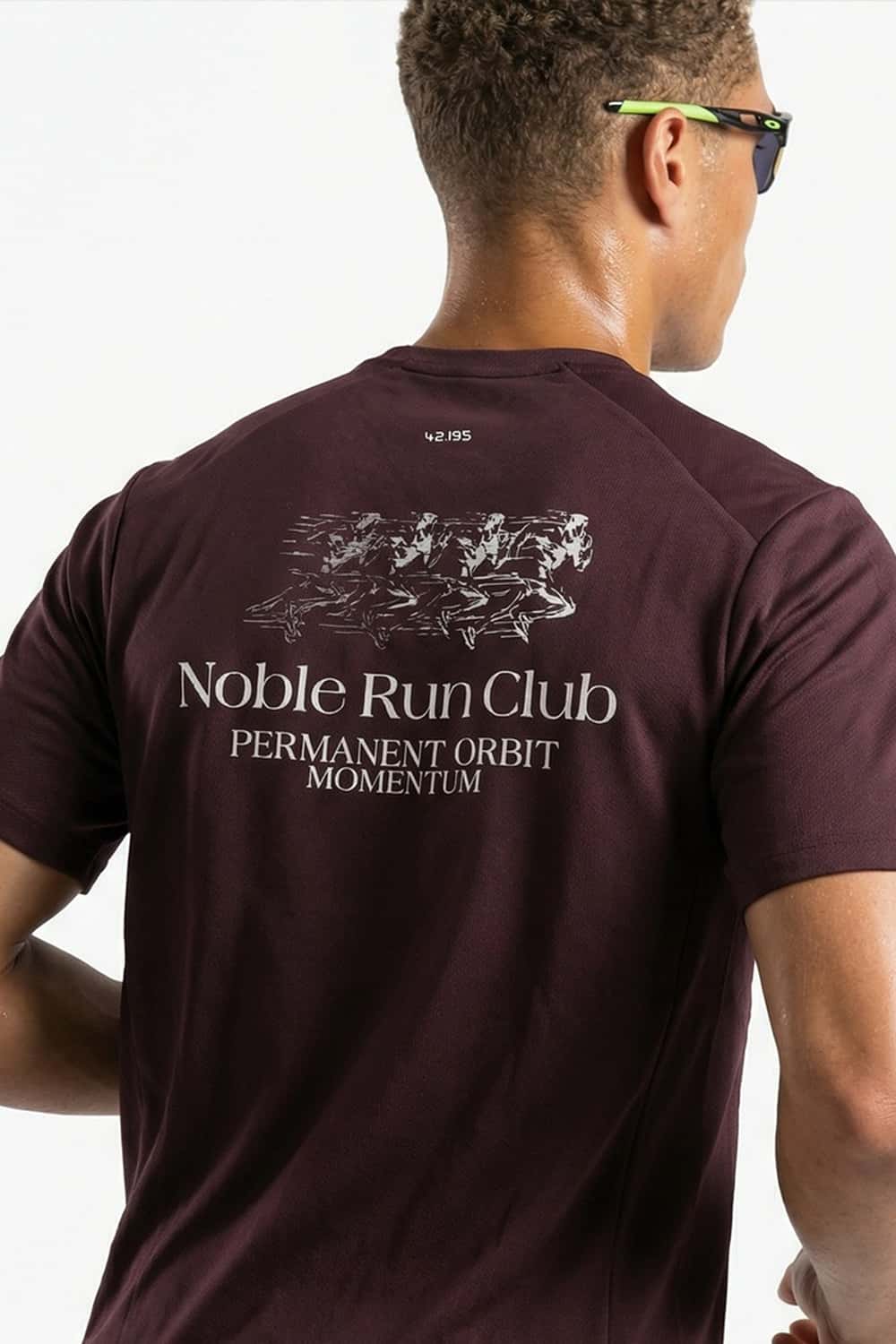Sun-Protective Noble Run Club T-Shirt in Reddish Brown - full-length back modeled view