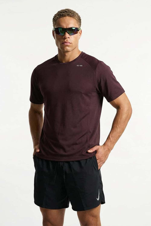 Sun-Protective Noble Run Club T-Shirt in Reddish Brown - full-length front modeled view