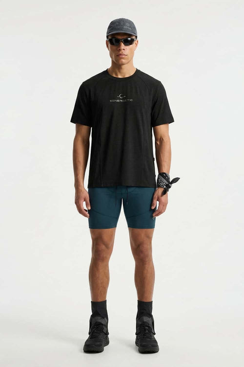 Quick-Drying Curved-Panel T-Shirt in Black - full-length front modeled view