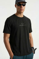 Quick-Drying Curved-Panel T-Shirt in Black - three-quarter front modeled view