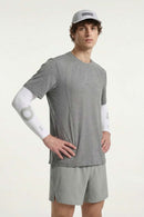 Quick-Drying Curved-Panel T-Shirt in Gray - three-quarter front modeled view