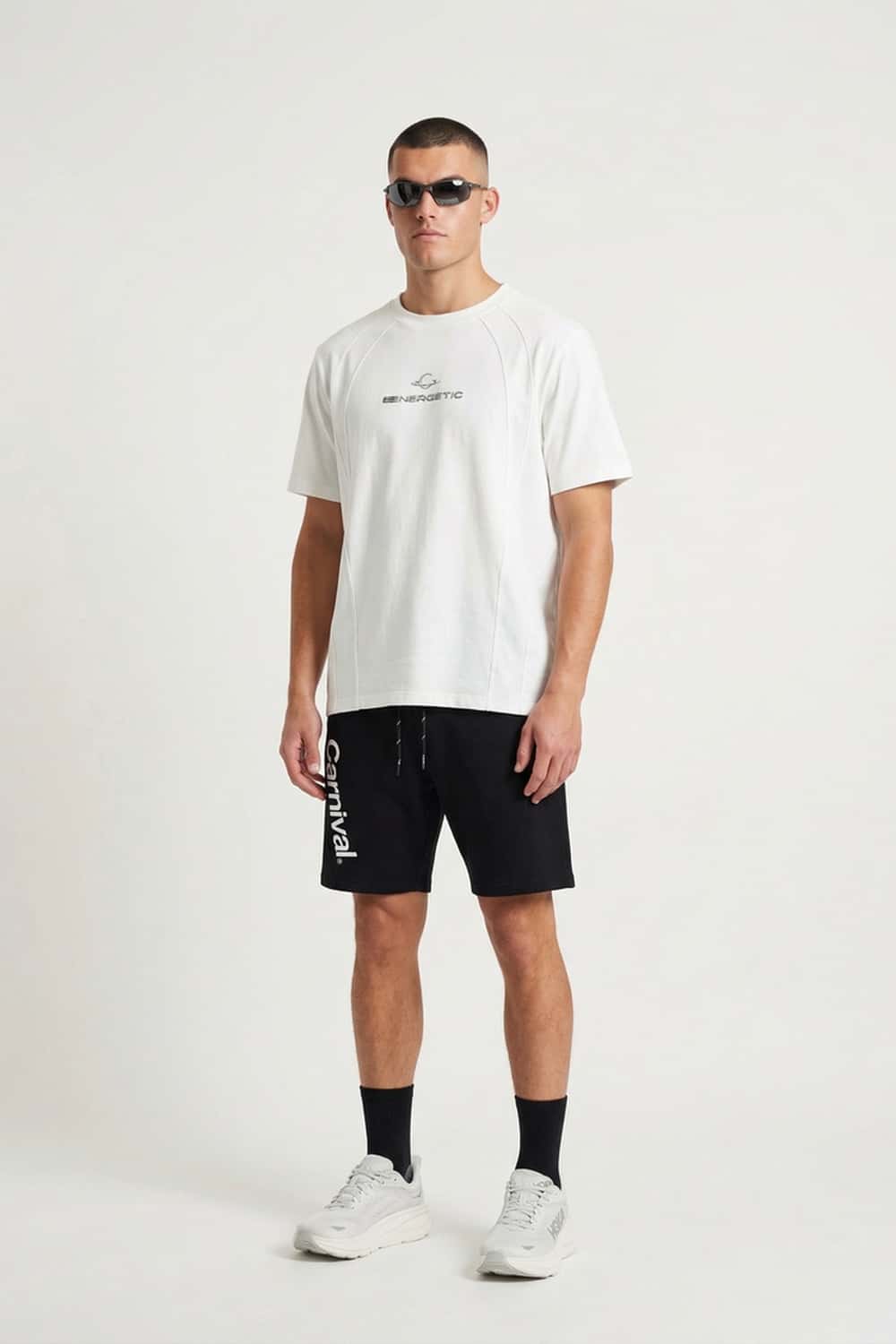 Quick-Drying Curved-Panel T-Shirt in White - full-length front modeled view