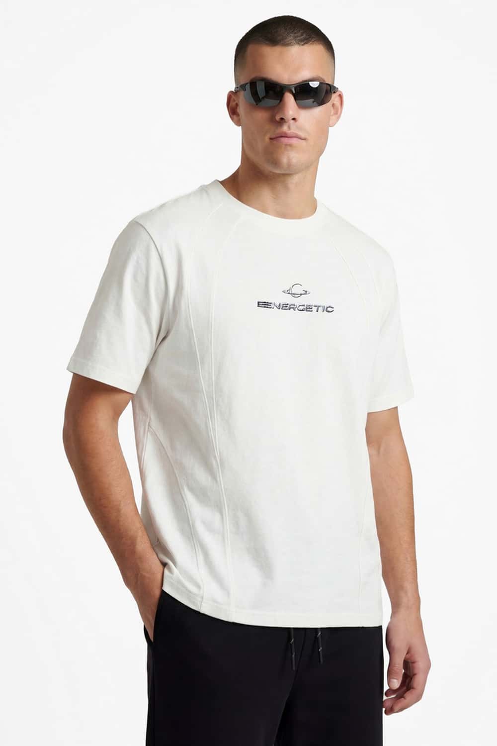 Quick-Drying Curved-Panel T-Shirt in White - three-quarter front modeled view