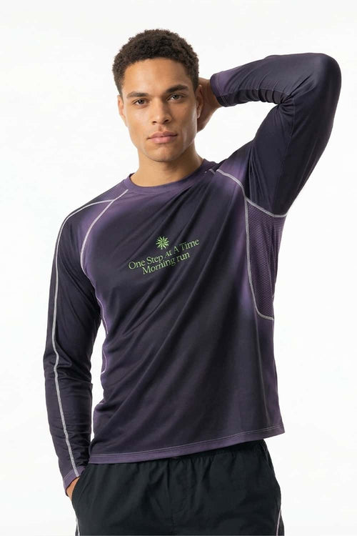 Morning Run Mesh-Panel Long-Sleeve T-Shirt in Black - front modeled close-up